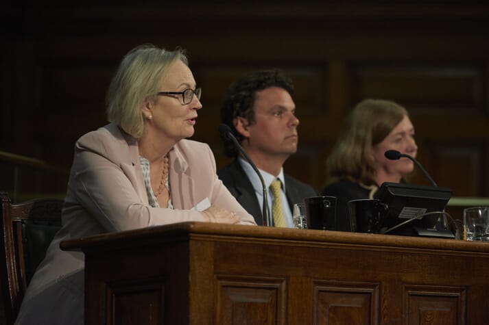 Discussing opportunities. Left to right: Julie Girling, Nick von Westenholz and Professor Janet Bainbr