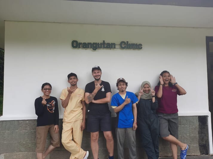 FIGURE (4) The author was able to work alongside the veterinary team at Samboja Lestari, one of the Borneo Orangutan Survival Foundation in-country project sites in Borneo (Pictured from left to right: Dr Agnes, Dr Machmudi, the author, Dr Tadin, Dr Felita, Dr Made)