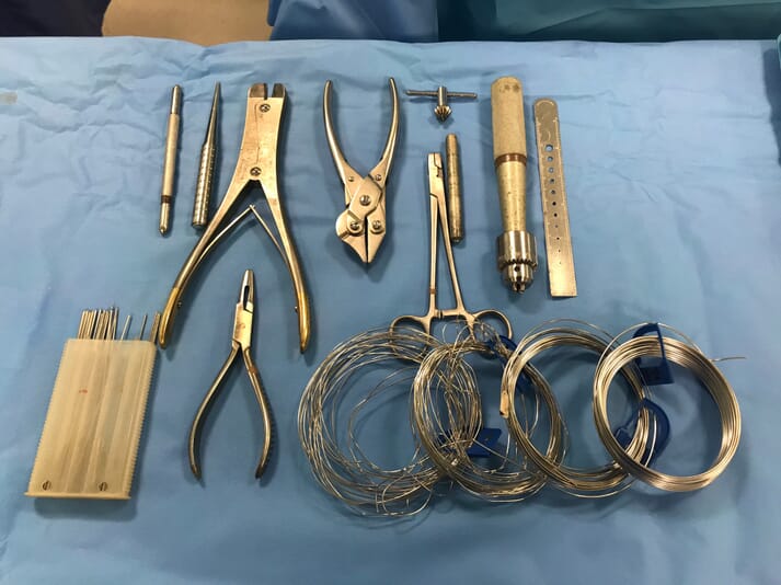 FIGURE (1) It is a good idea to have “kits” available with the instruments you will need for a certain procedure, such as the pictured example of a kit for placing pins and wires