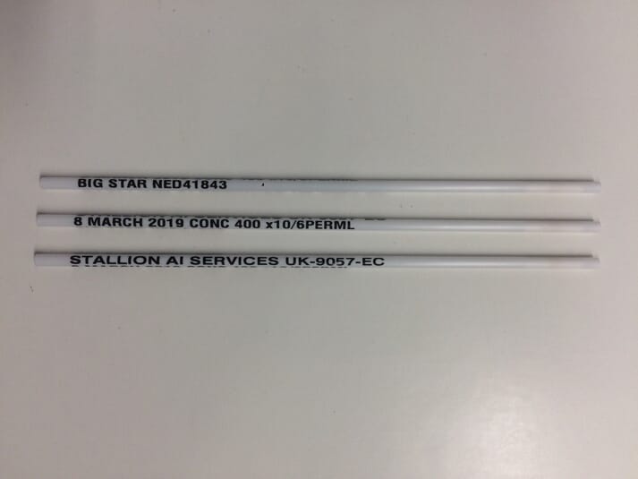 FIGURE (3) Printed straws show the stallion name, date of collection, concentration and the centre where they were frozen