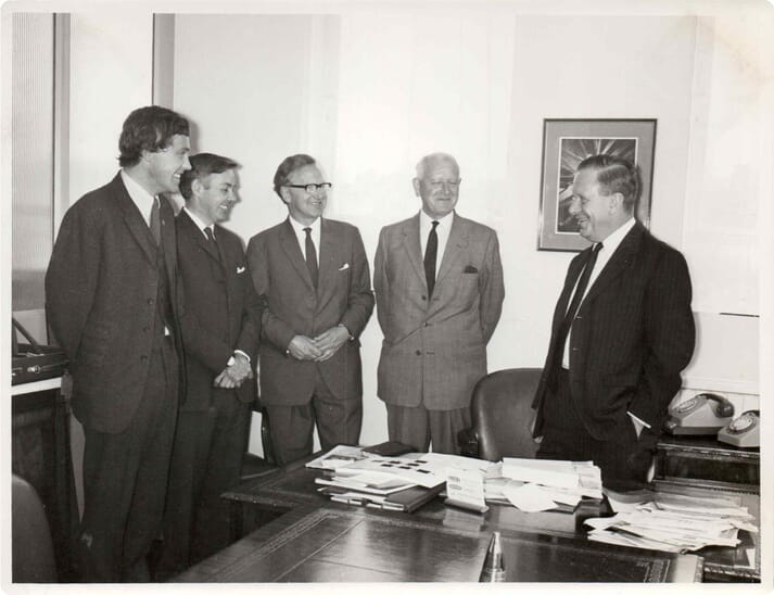 FIGURE (1) Veterinary colleges became interested in the products. Pictured left to right: John Periam, Don Allen (Portex), Geoff Arthur (Bristol veterinary college), Clifford Formston (RVC) and Wally Crossland (Portex)