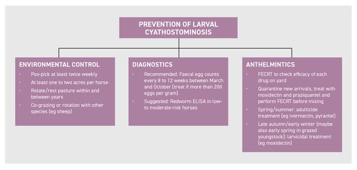 FIGURE (1) Prevention of larval cyathostominosis aims to break the cycle of transmission over spring, summer and autumn to prevent build-up of infective larvae on pasture and reduce infection intensity. NB This figure does not cover prevention of Parascaris equorum or Anoplocephala perfoliata