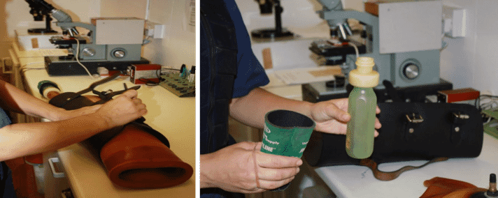 FIGURES 2 and 3 The Missouri model of artificial vagina being assembled: the AV has an inner latex liner, a leather casing with handle, a collection bottle (with connector) made of non-spermicidal plastic, and an insulator to keep the bottle warm