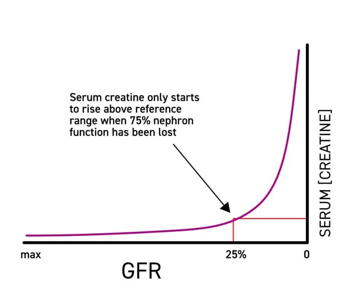Graph: non-linear relationship between decrease in GFR and increase in serum creatinine